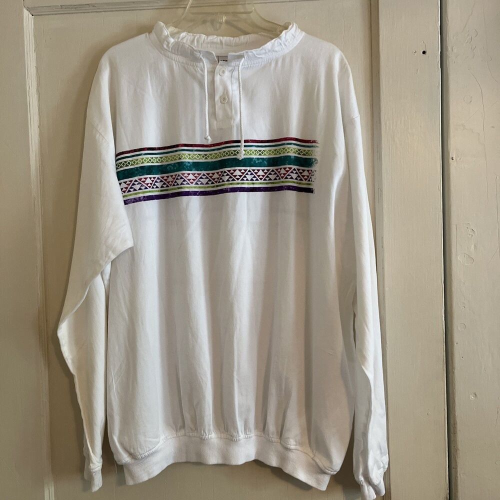 Crazy Shirts Hawaii Shirt Men’s L White Graphic Henley Drawstring Neck Pockets